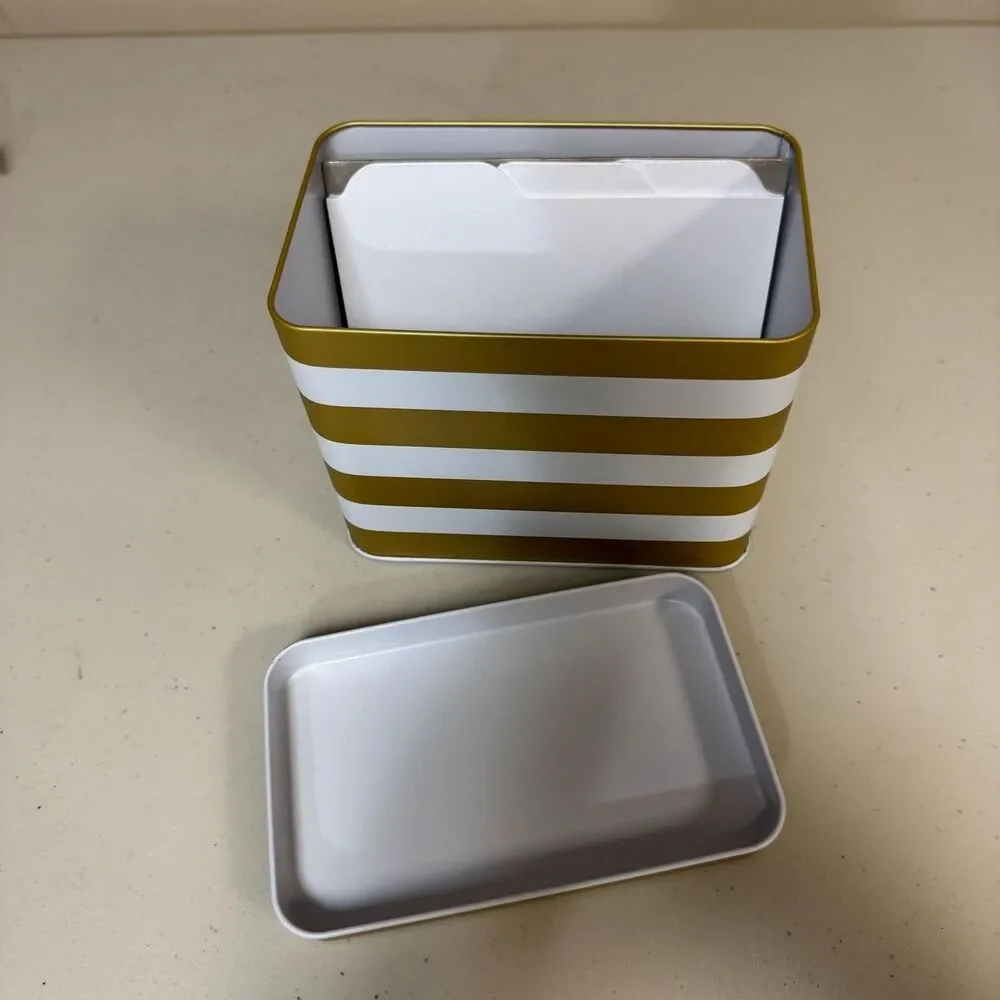 NWOT Stampin Up Note Card Organizing Tin Gold White Stripe Catalog Index Storage